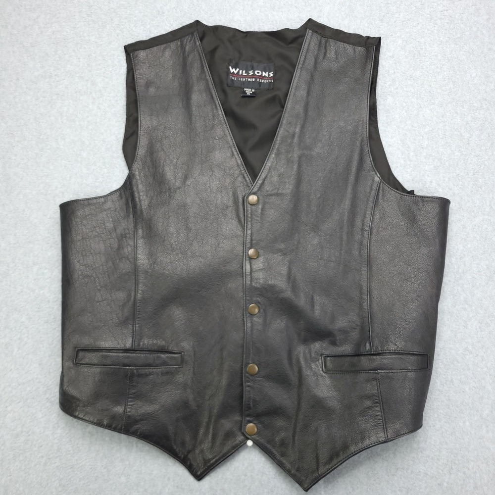 Wilsons Mens‎ Black Leather Front Vest Size XL Snap Front Adjustable Back